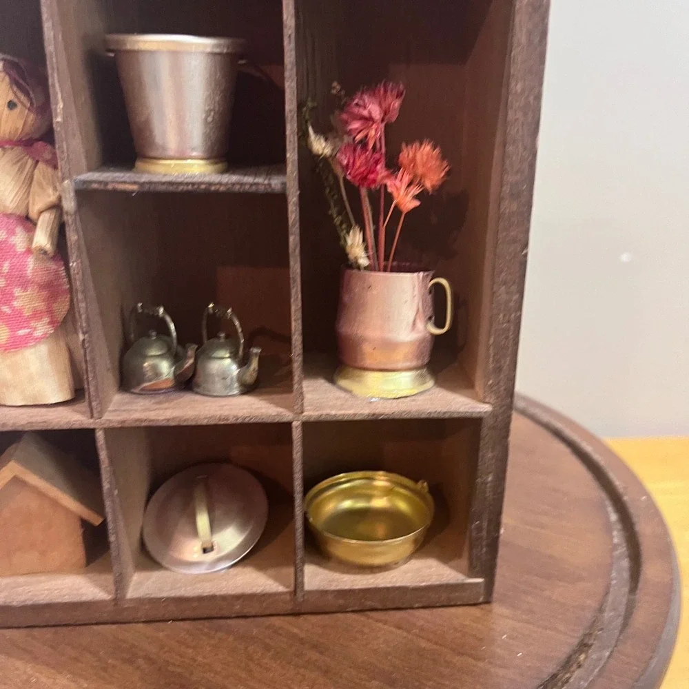 Vtg Country Farmhouse Wooden Shadow Box Curio Case 12 Miniatures Rustic Decor
